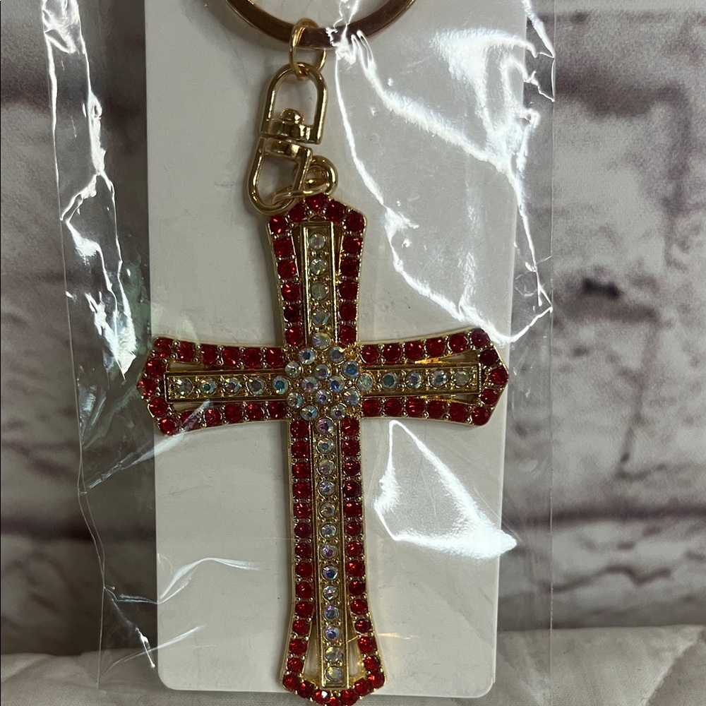 Red and Gold Rhinestone Cross Keychain - Picture 2 of 5